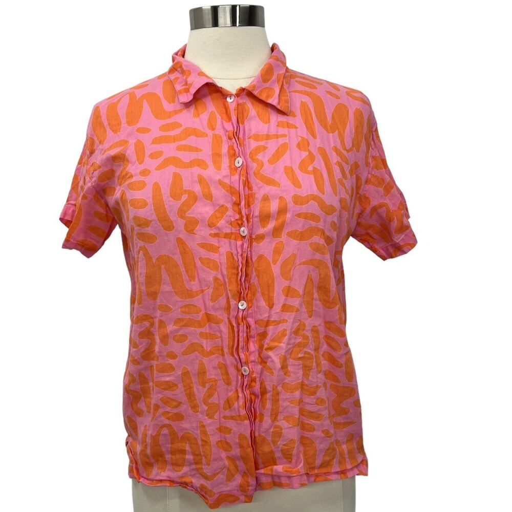 SEE DESIGNS Orange & Pink Button Up Short Sleeve Lounge Shirt SZ SM